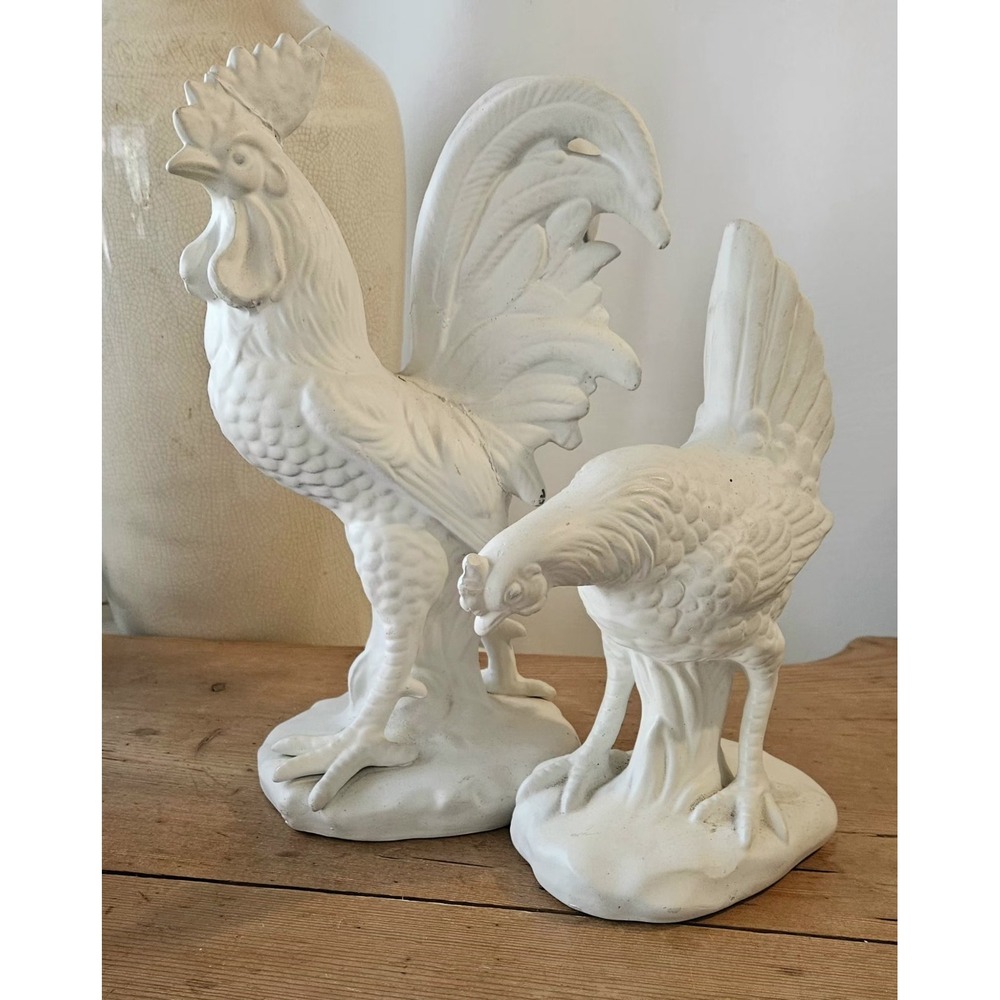 Vintage White Ceramic Rooster Hen Figurine Set 2 Arco Japan